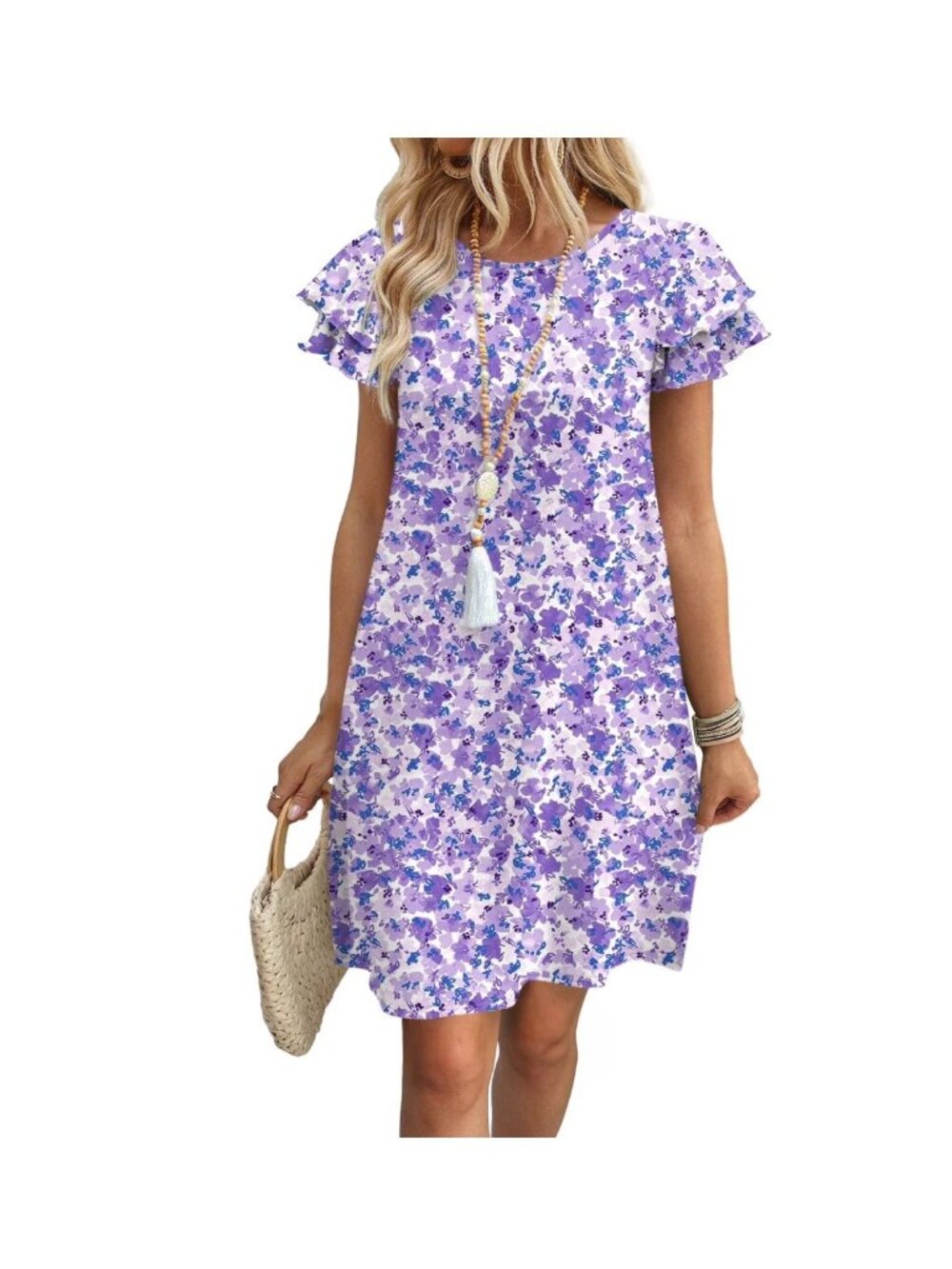 Purple Floral Print Short Ruffle Sleeve Shift Dress Size L Pockets Soft Knit